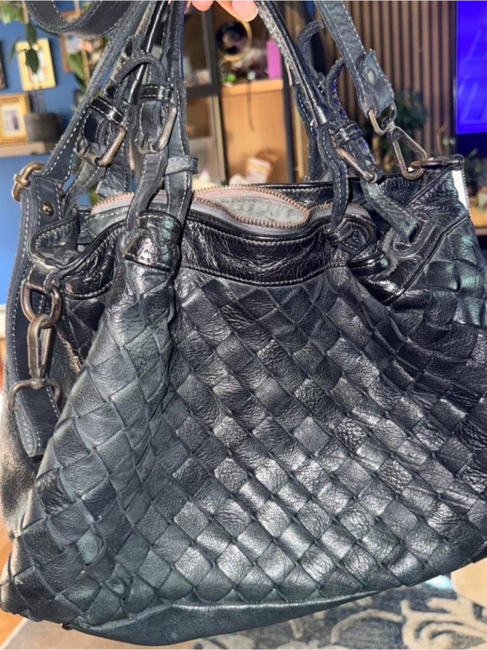 Woven Leather Shoulder Bag in Black